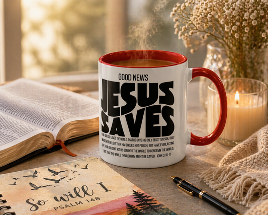 Jesus Saves Coffee Mug — 'Good News' Scripture Accent Mug (11/15 oz)