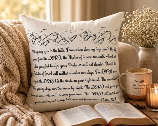 Psalm 121 Scripture Mountain Script Pillow | Christian Scripture Decor