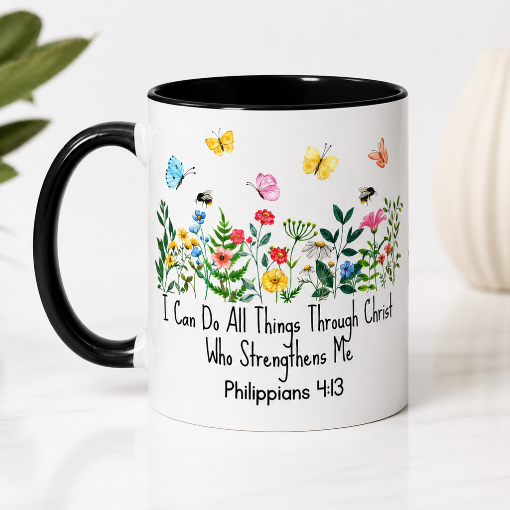 Inspirational Floral Coffee Mug — "I Can Do All Things Through Christ" Philippians 4:13