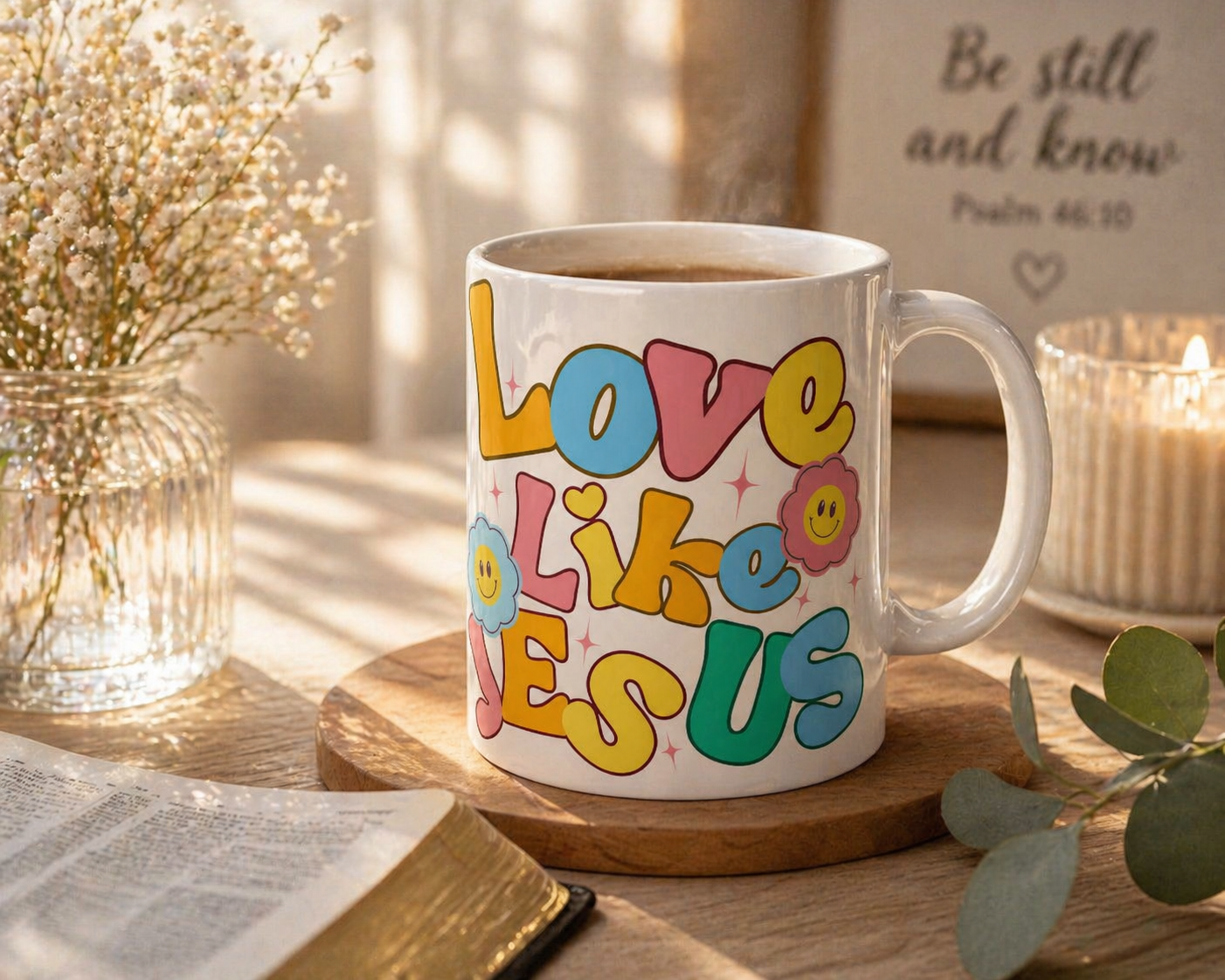Retro 'Love Like Jesus' Ceramic Mug — Colorful Smiley Flower Faith Coffee Cup (11oz/15oz)
