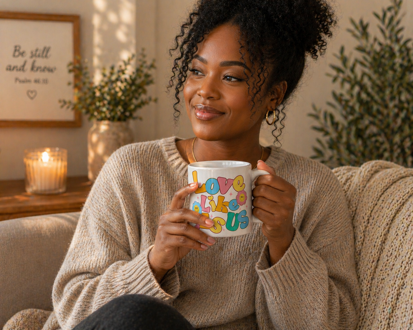 Retro 'Love Like Jesus' Ceramic Mug — Colorful Smiley Flower Faith Coffee Cup (11oz/15oz)
