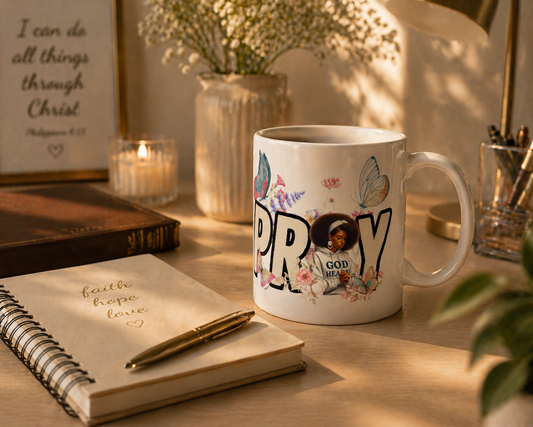Prayerful Butterfly Ceramic Mug — 'Pray' Inspirational Floral Coffee Cup (11oz & 15oz)