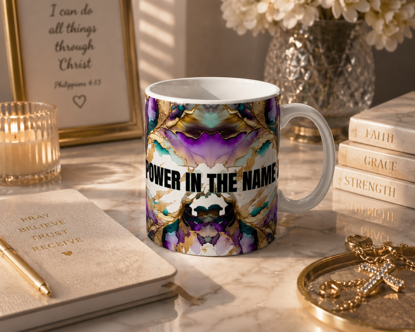 Power In The Name Of Jesus Mug — Floral Spiritual Coffee Cup (11oz/15oz)