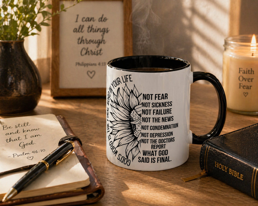 Inspirational Faith Coffee Mug — "Not Fear, Not Sickness" Sunflower Scripture Accent