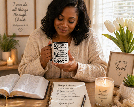 She Is Mom Inspirational Coffee Mug — "She Is" Encouraging Christian Mom Gift