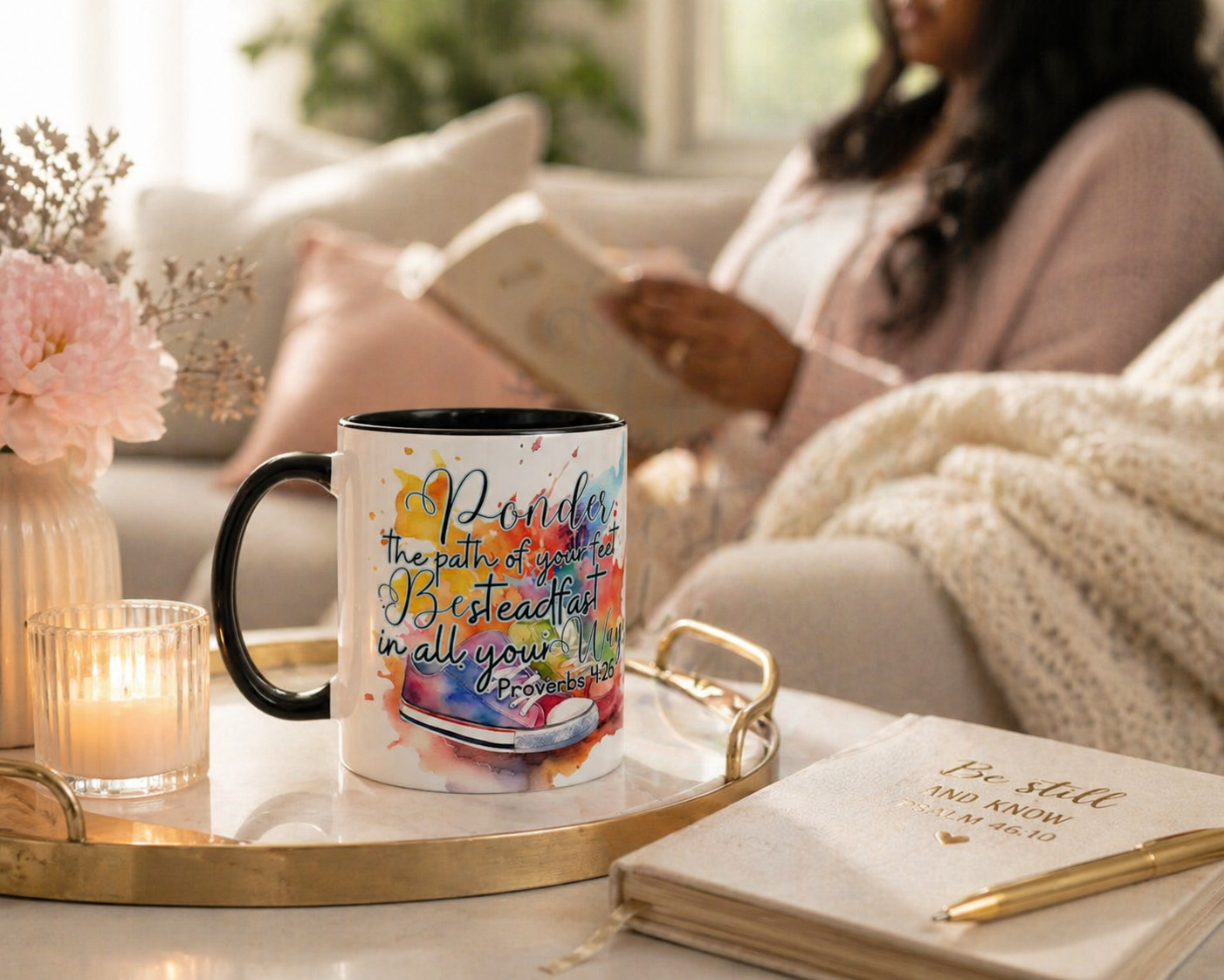 Accent Coffee Mug — Proverbs 4:26 'Ponder the Path of Your Feet' Watercolor Inspirational Mug