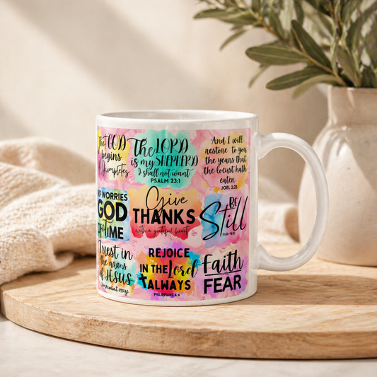 Inspirational Faith Quote Mug — Colorful Christian Scripture Coffee Cup