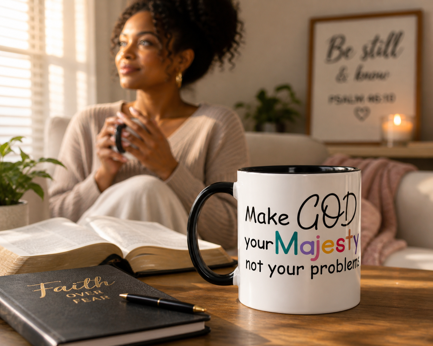 Inspirational Ceramic Coffee Mug — "Make God Your Majesty, Not Your Problems"