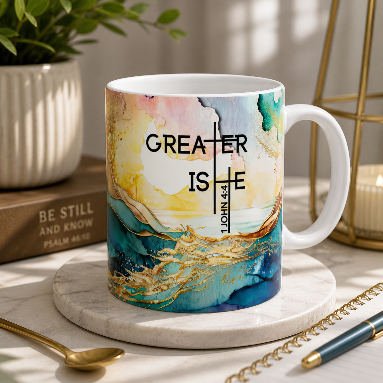 Inspirational Ceramic Mug — “Greater is He” Bible Verse Coffee Cup (11oz/15oz)