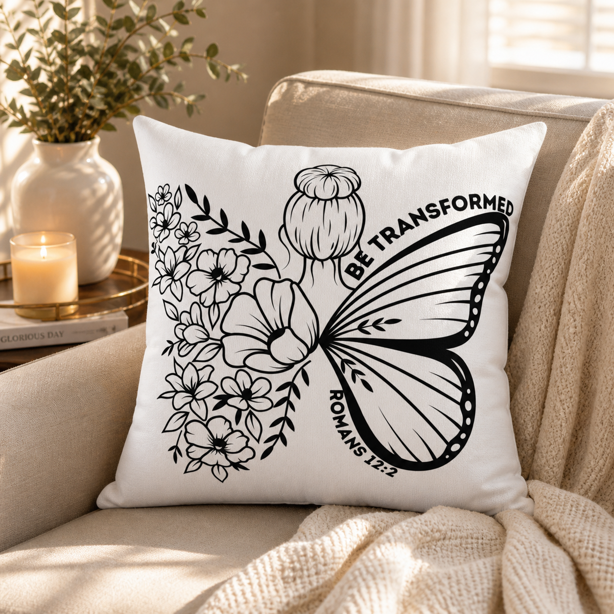 Butterfly Floral Pillow – “Be Transformed” Decorative Throw Pillow (Romans 12:2)