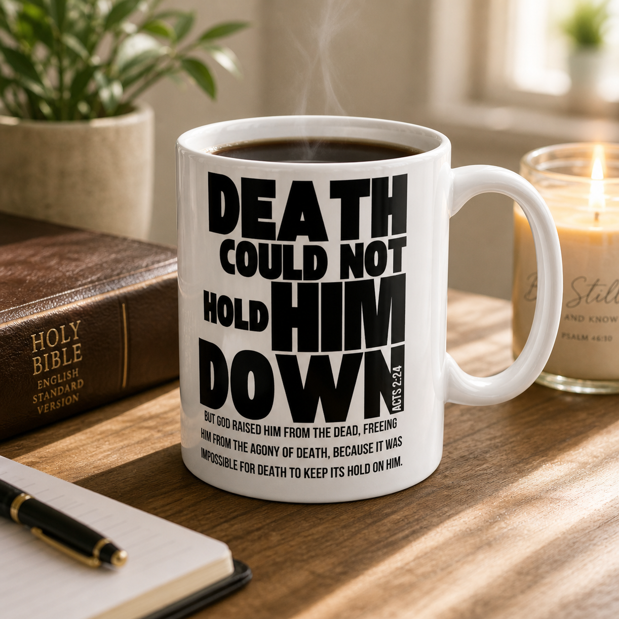 Christian Faith Ceramic Mug — "Death Could Not Hold Him" Inspirational Bible Verse Coffee Cup (11oz, 15oz)