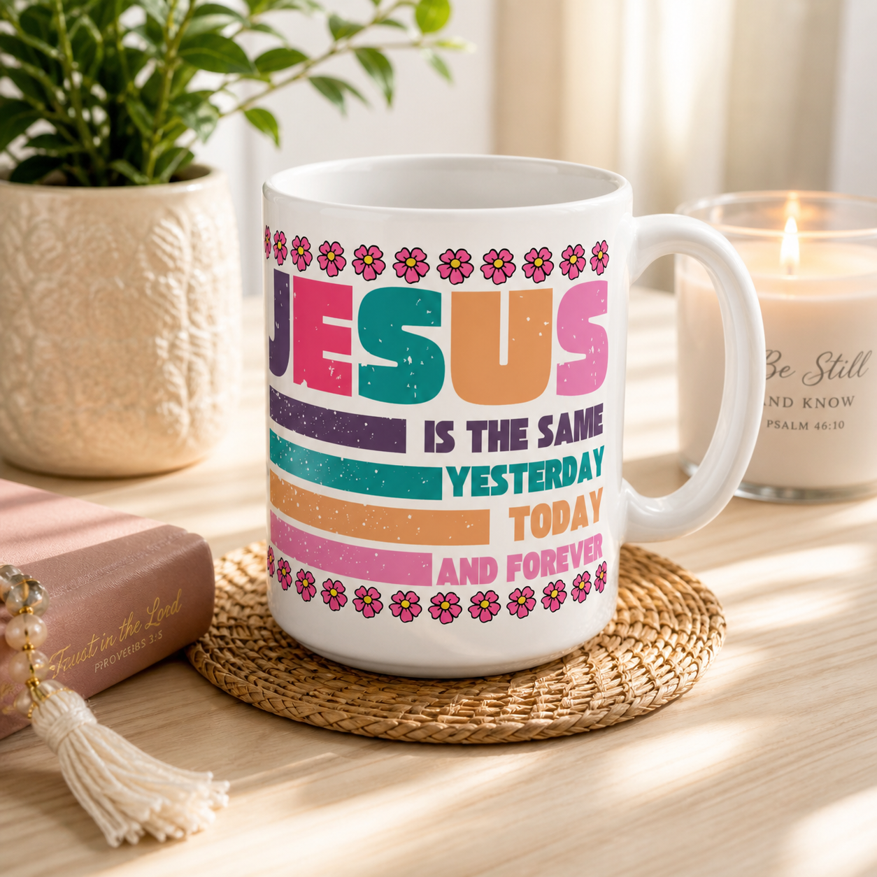 Jesus Retro Floral Ceramic Mug — "Jesus Is the Same Yesterday, Today, And Forever" Inspirational Coffee Cup (11oz/15oz)