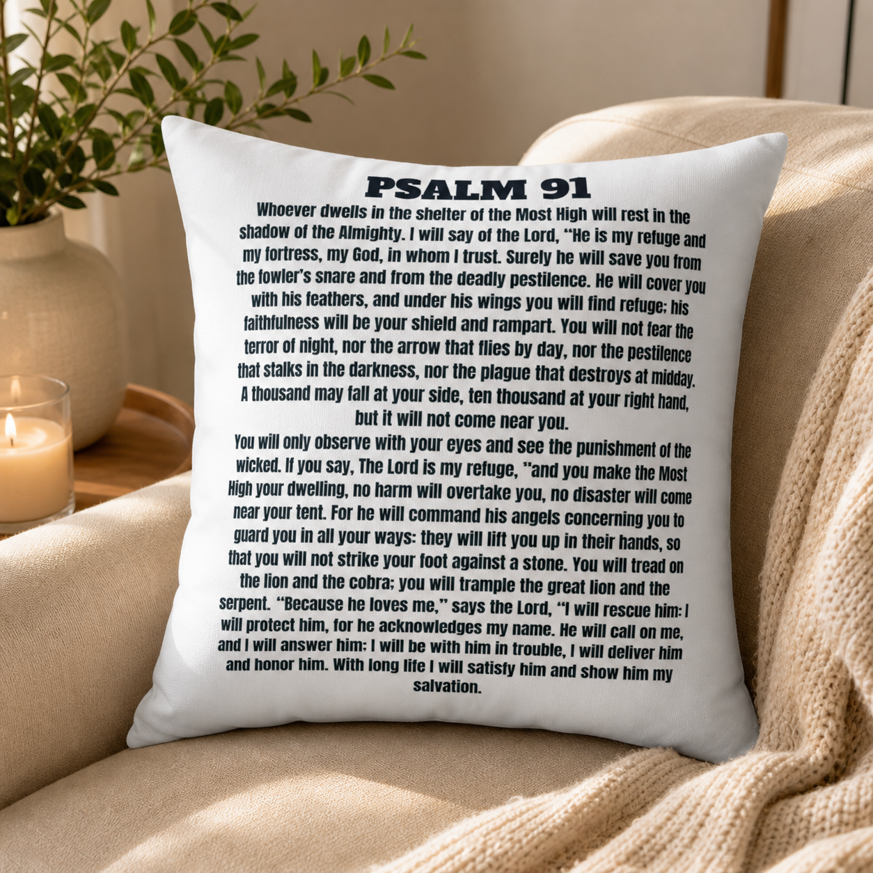 Psalm 91 Scripture Throw Pillow — Inspirational Faith Quote Home Decor