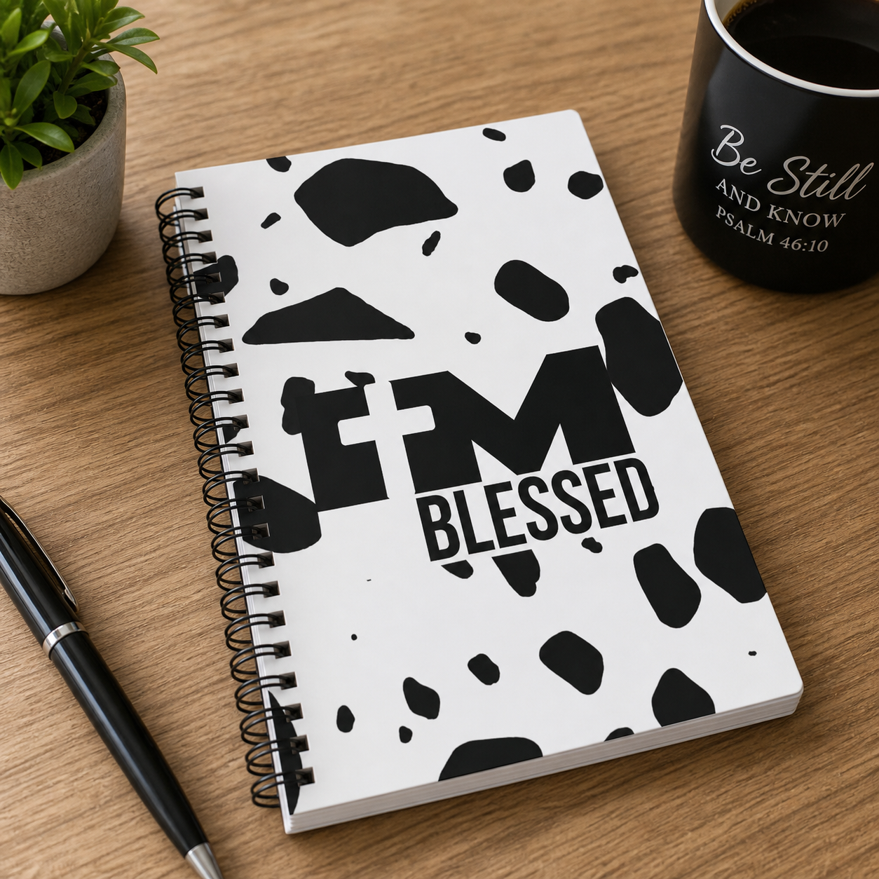 Blessed Christian Notebook — Black & White Cow Print Spiral Journal