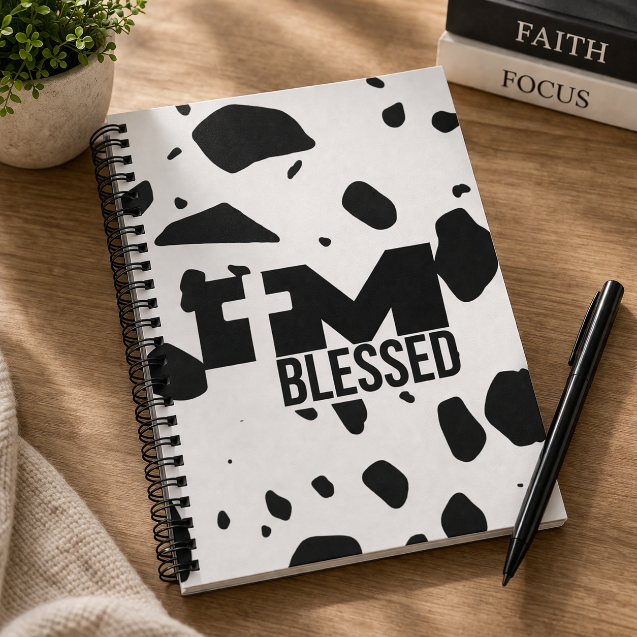 Blessed Christian Notebook — Black & White Cow Print Spiral Journal