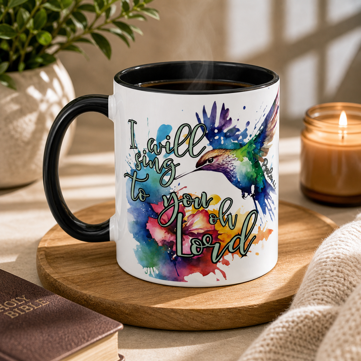 Coffee Mug — 'I Will Sing to You Lord' Watercolor Hummingbird