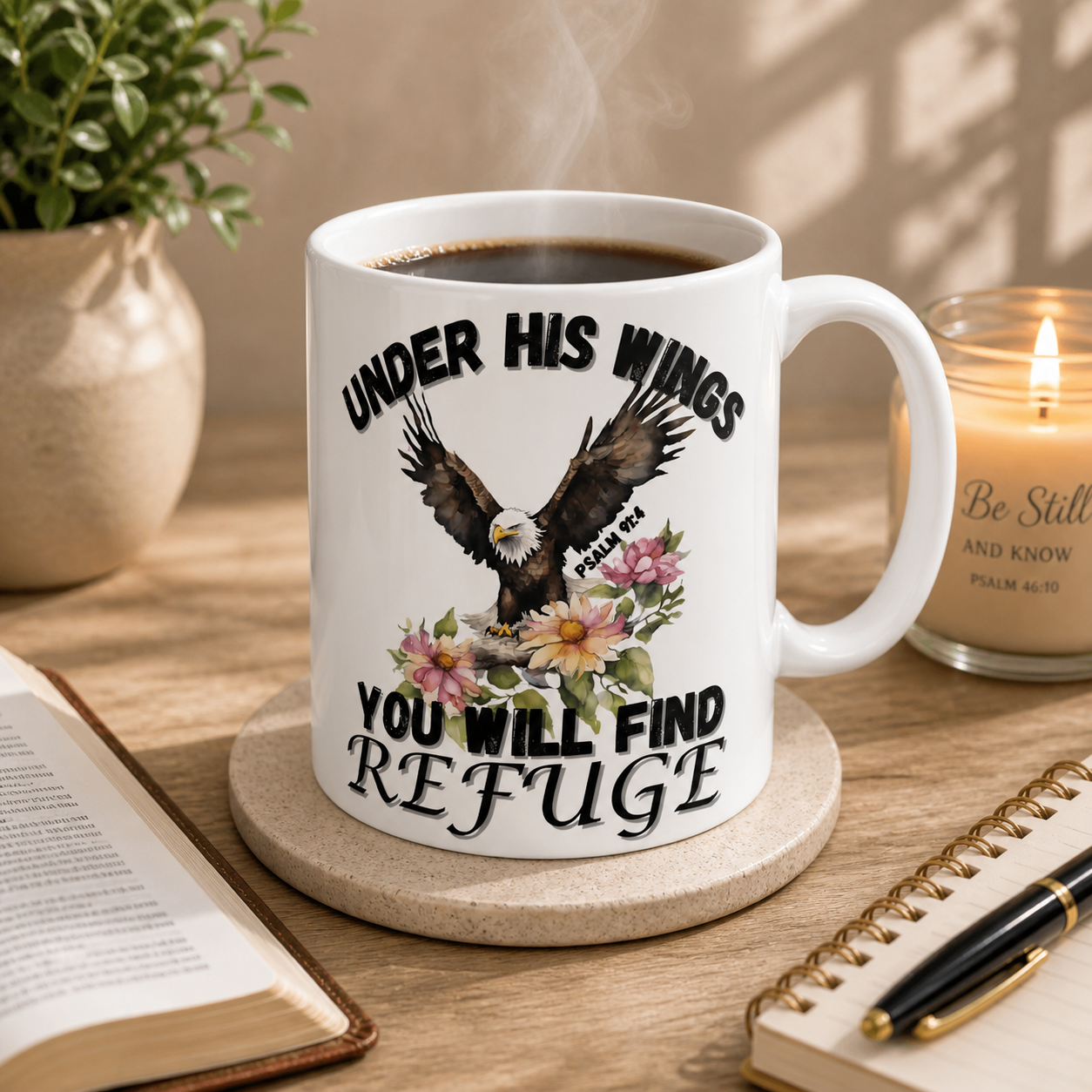 Inspirational Eagle Floral Mug — "Under His Wings You Will Find Refuge" Ceramic Coffee Cup (11oz/15oz)