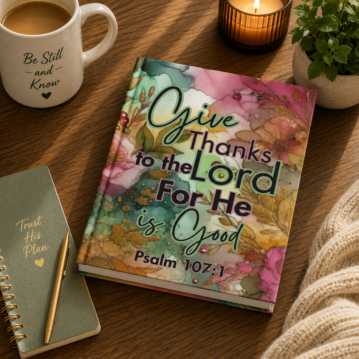 Give Thanks to the Lord Hardcover Journal — Psalm 107:1 Floral Gratitude Notebook