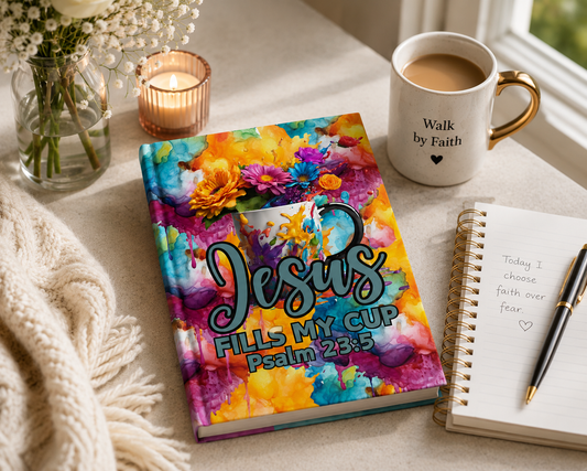 Christian Hardcover Journal — "Jesus Fills My Cup" Psalm 23:5 Floral Coffee Cup Notebook