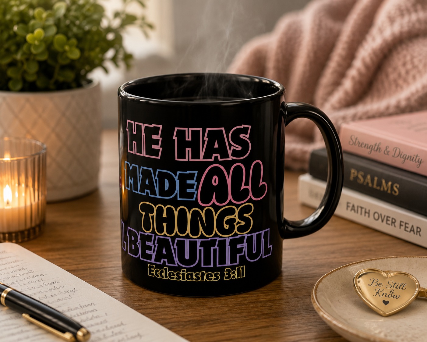 Ecclesiastes 3:11 Rainbow Lettering Black Coffee Mug — He Has Made All Things Beautiful